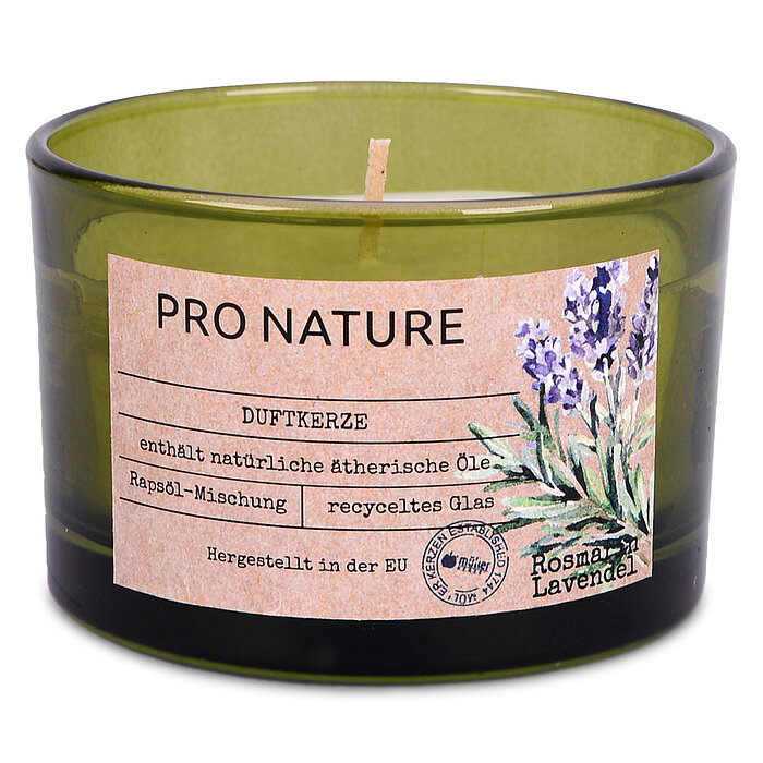 Ein Raps Duftglas von Müller Kerzenfabrik in der Größe 5,8x8,6cm mit dem Duft Rosmarin & Lavendel.