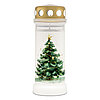 Eine weiße Bolsius Grabkerze mit 70h Brenndauer mit Weihnachtsbaum-Motiv und goldenem Deckel.