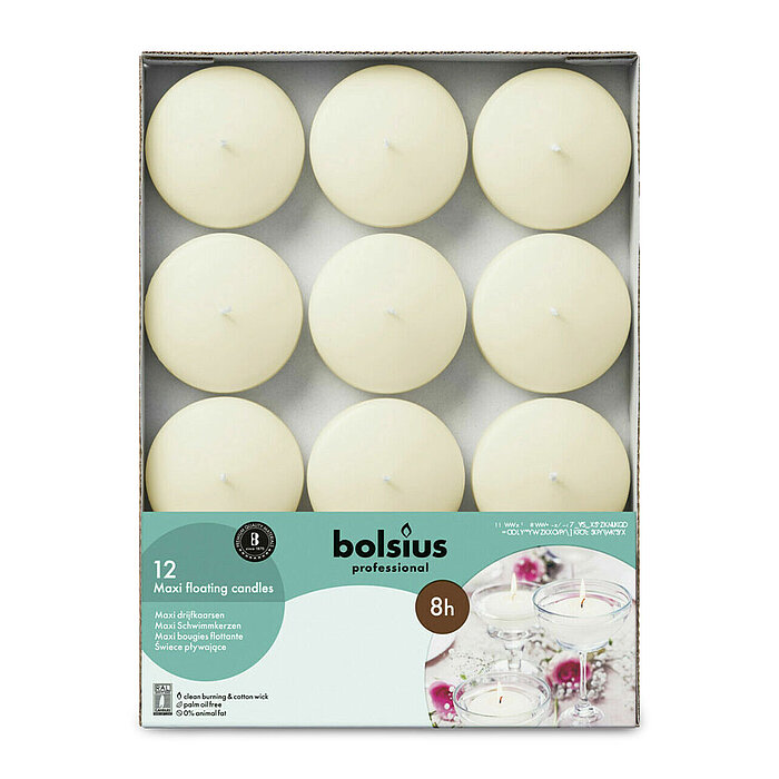 12 Maxi Schwimmkerzen von Bolsius Professional in der Größe 2,9x7,7cm in der Farbe Elfenbein.