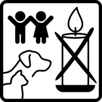 Kerzen Piktogramm: Brennende Kerzen von Kindern und Tieren fernhalten.