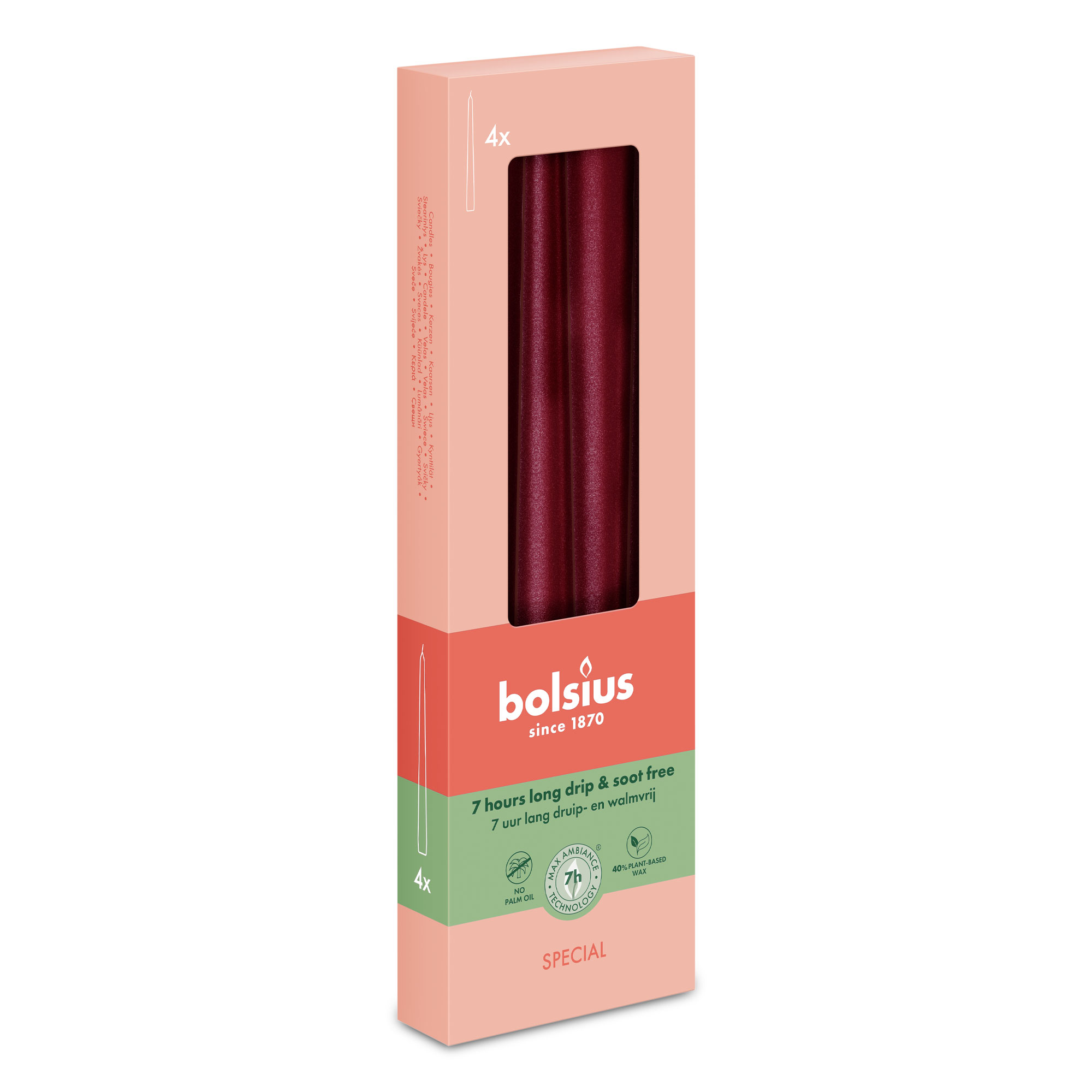 Ein 4er Pack Metallic Spitzkerzen in der Farbe Rot in einer rosa Schachtel mit Bolsius Schriftzug.